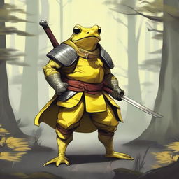 A detailed illustration of a yellow frog samurai with heavy armor