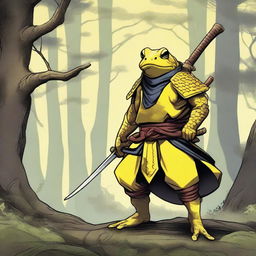 A detailed illustration of a yellow frog samurai with heavy armor