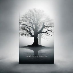 Create a book cover with dimensions 9 inches down and 6 inches across, featuring a single tree and a misty ground