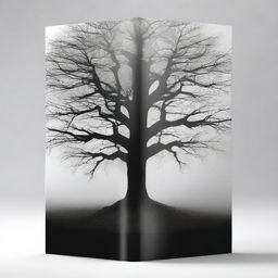 Create a book cover with dimensions 9 inches down and 6 inches across, featuring a single tree and a misty ground