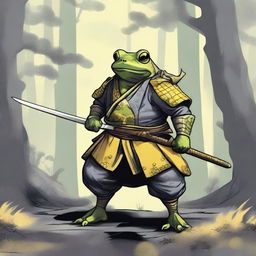 A detailed illustration of a samurai frog with yellow skin, wearing gray scale armor