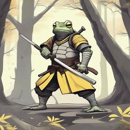 A detailed illustration of a samurai frog with yellow skin, wearing gray scale armor