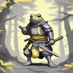 A detailed illustration of a samurai frog with yellow skin, wearing gray scale armor