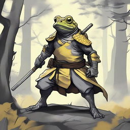 A detailed illustration of a samurai frog with yellow skin, wearing gray scale armor