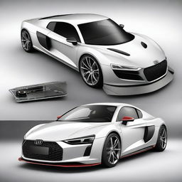 A hybrid car combining the sleek design of an Audi R8 with the practical elements of a Toyota Corolla, featuring an American Crossplane V8 engine