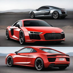 A hybrid car combining the sleek design of an Audi R8 with the practical elements of a Toyota Corolla, featuring an American Crossplane V8 engine