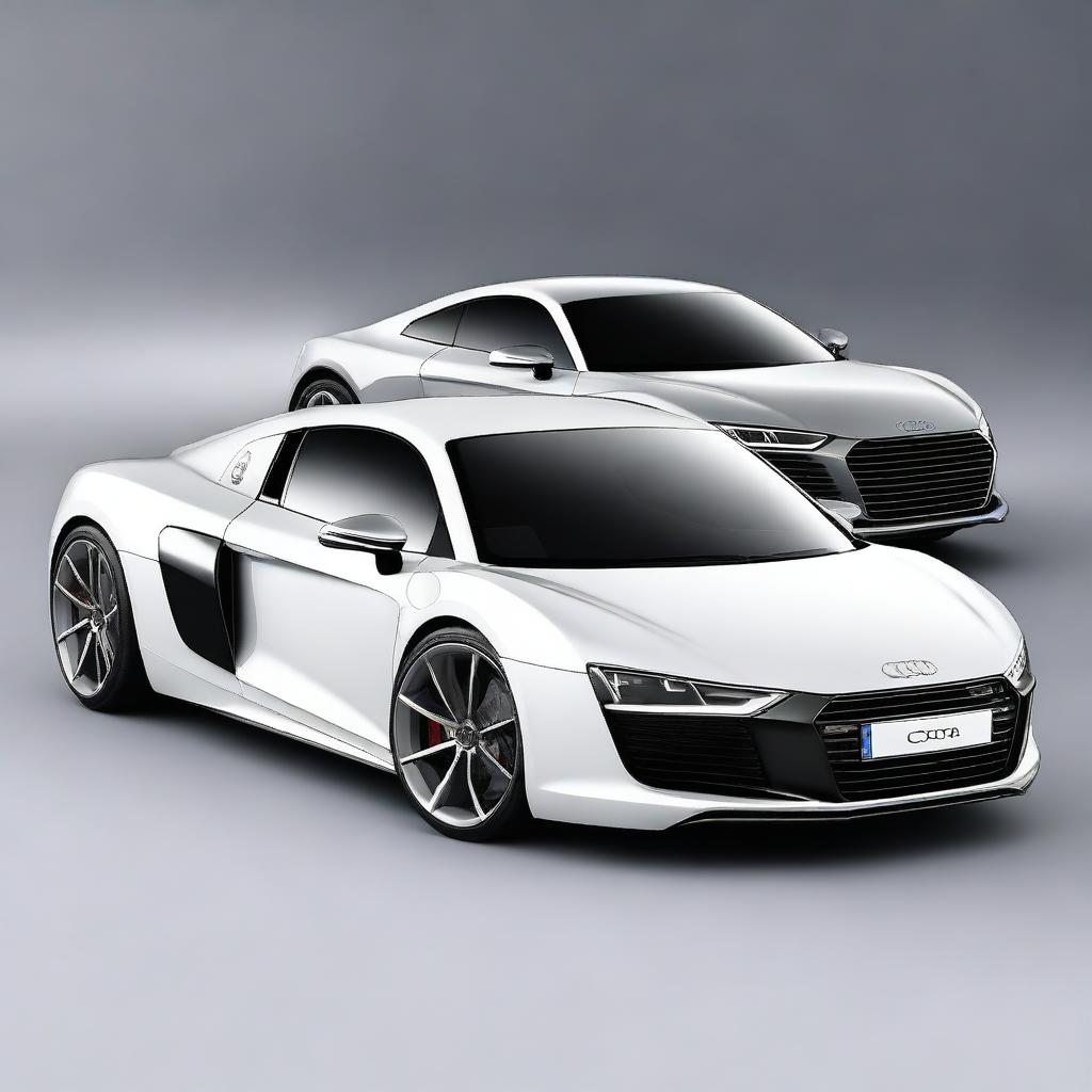 A hybrid car combining the sleek design of an Audi R8 with the practical elements of a Toyota Corolla, featuring an American Crossplane V8 engine