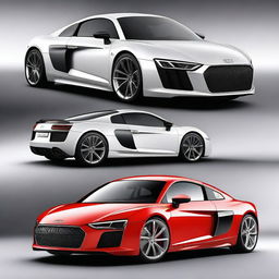 A hybrid car combining the sleek design of an Audi R8 with the practical elements of a Toyota Corolla, featuring an American Crossplane V8 engine