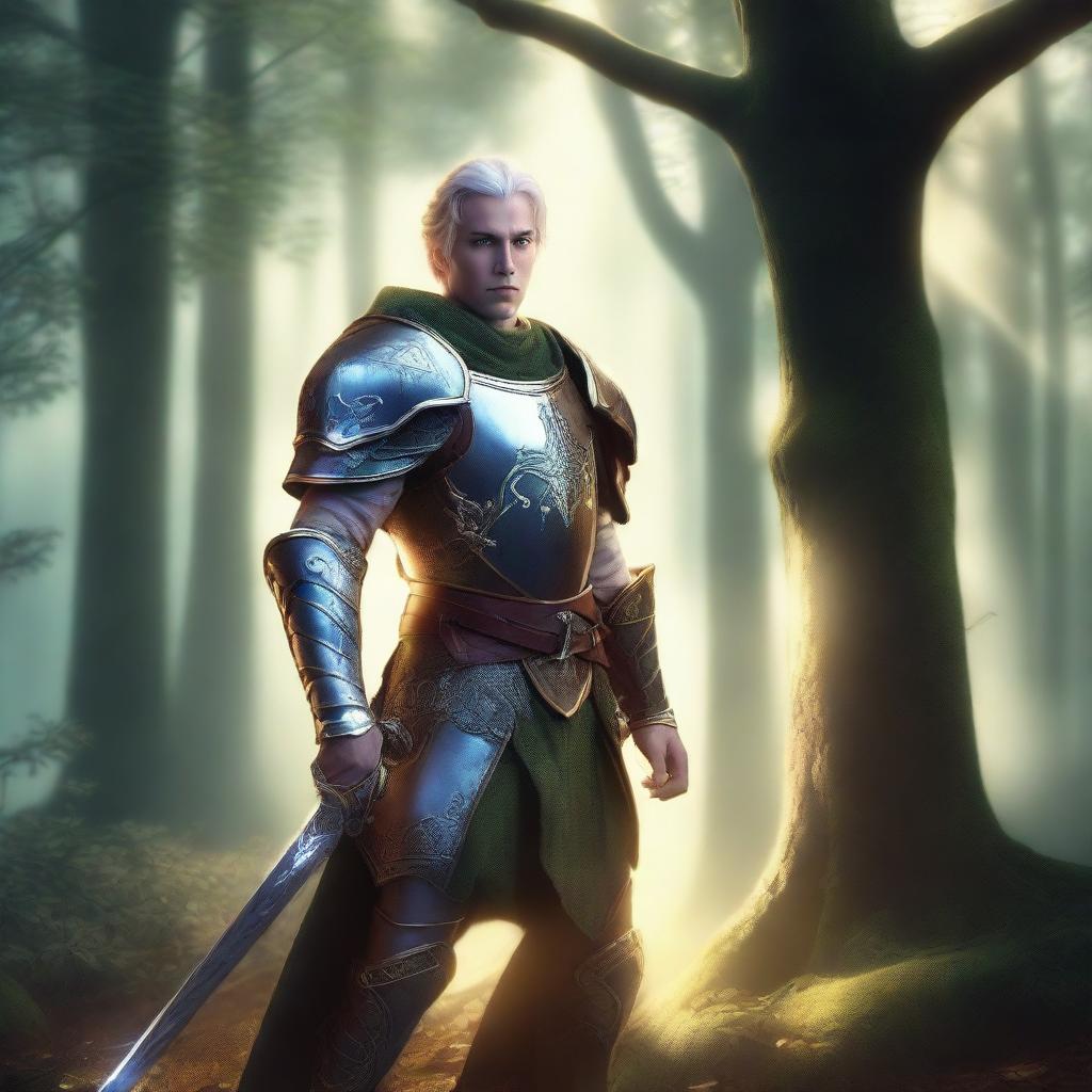 A majestic elf paladin standing in a forest clearing, clad in shining armor with a glowing sword and shield