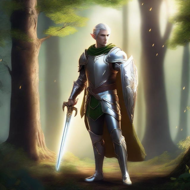 A majestic elf paladin standing in a forest clearing, clad in shining armor with a glowing sword and shield