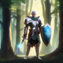 A majestic elf paladin standing in a forest clearing, clad in shining armor with a glowing sword and shield