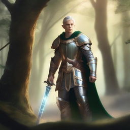 A majestic elf paladin standing in a forest clearing, clad in shining armor with a glowing sword and shield