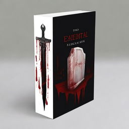 Create a book cover with dimensions 9 inches down and 6 inches across, featuring a dagger plunged into a coffin, dripping blood