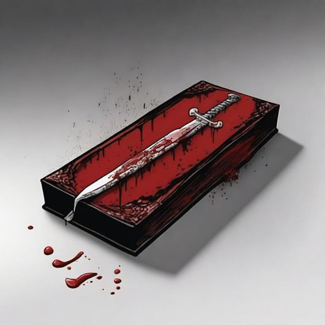 Create a book cover with dimensions 9 inches down and 6 inches across, featuring a dagger plunged into a coffin, dripping blood