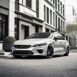 A sleek, modern sedan with sporty modifications such as a lowered suspension, larger alloy wheels, a rear spoiler, and an aggressive front bumper