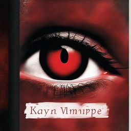 Create a book cover with dimensions 9 inches down and 6 inches across, featuring a close-up of a red vampire eye