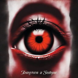 Create a book cover with dimensions 9 inches down and 6 inches across, featuring a close-up of a red vampire eye