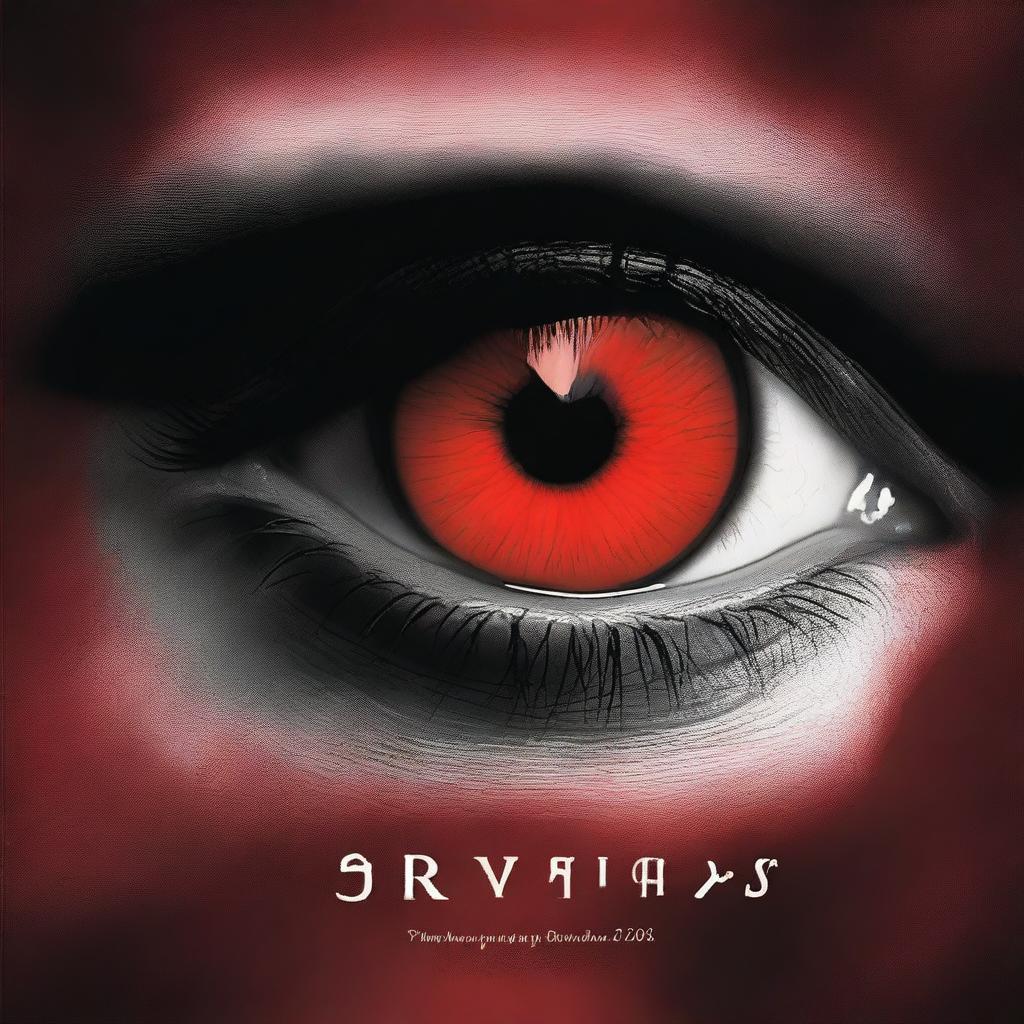 Create a book cover with dimensions 9 inches down and 6 inches across, featuring a close-up of a red vampire eye