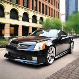 Create an image of a Cadillac XLR with a small lip splitter added to the front bumper and a small spoiler added to the trunk