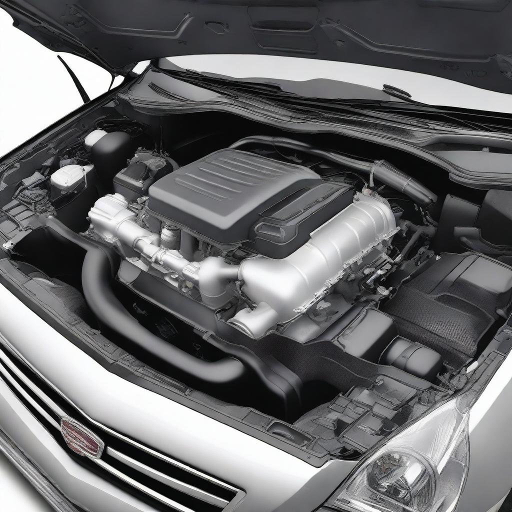 A detailed image showing the engine compartment of a Cadillac DTS, highlighting the various components such as the engine, battery, and other mechanical parts