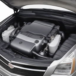 A detailed image showing the engine compartment of a Cadillac DTS, highlighting the various components such as the engine, battery, and other mechanical parts