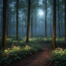 An enchanting image of a magical forest illuminated by glowing fireflies, with a full moon shining through the dense foliage, creating a mythical atmosphere.