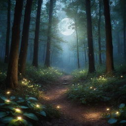 An enchanting image of a magical forest illuminated by glowing fireflies, with a full moon shining through the dense foliage, creating a mythical atmosphere.