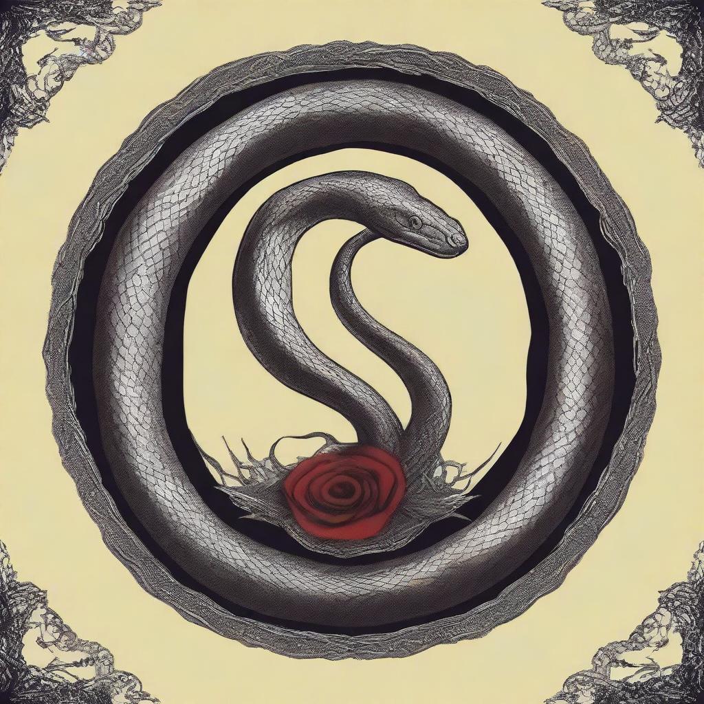 Create a book cover featuring a self-eating snake, also known as an ouroboros, with a vampire theme