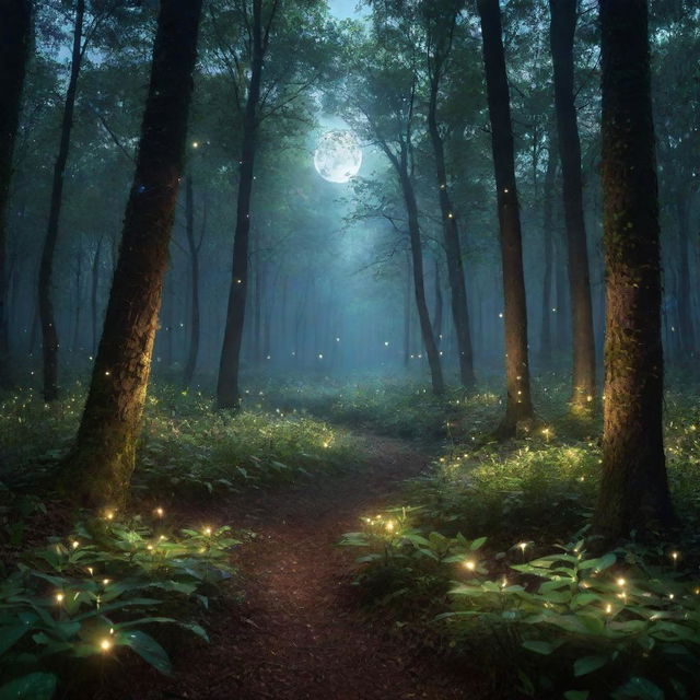 An enchanting image of a magical forest illuminated by glowing fireflies, with a full moon shining through the dense foliage, creating a mythical atmosphere.