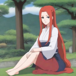 A character resembling Naruto's mother, Kushina Uzumaki, sitting down