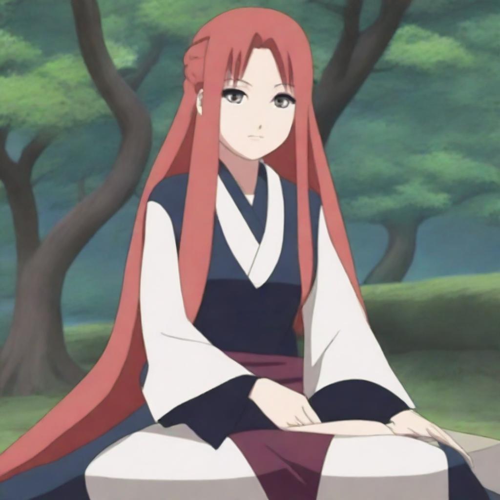 A character resembling Naruto's mother, Kushina Uzumaki, sitting down