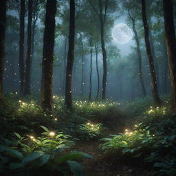 An enchanting image of a magical forest illuminated by glowing fireflies, with a full moon shining through the dense foliage, creating a mythical atmosphere.