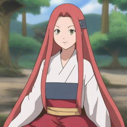 A character resembling Naruto's mother, Kushina Uzumaki, sitting down and facing directly forward