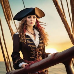 A fierce and adventurous female pirate standing on the deck of a pirate ship, with the sea and a sunset in the background