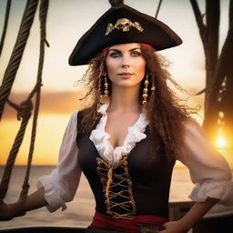 A fierce and adventurous female pirate standing on the deck of a pirate ship, with the sea and a sunset in the background