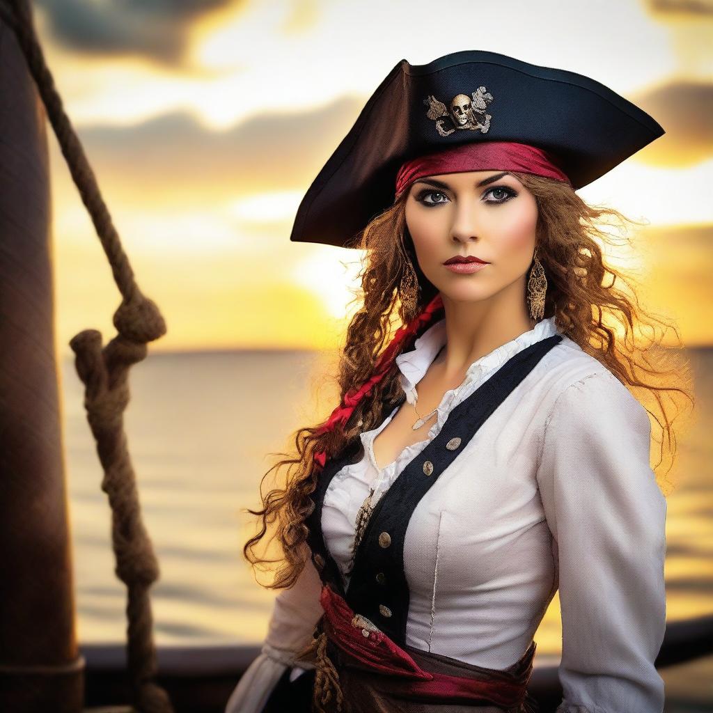 A fierce and adventurous female pirate standing on the deck of a pirate ship, with the sea and a sunset in the background