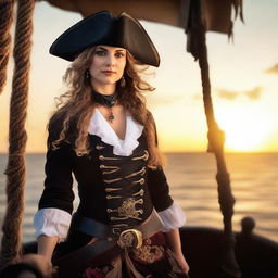 A fierce and adventurous female pirate standing on the deck of a pirate ship, with the sea and a sunset in the background