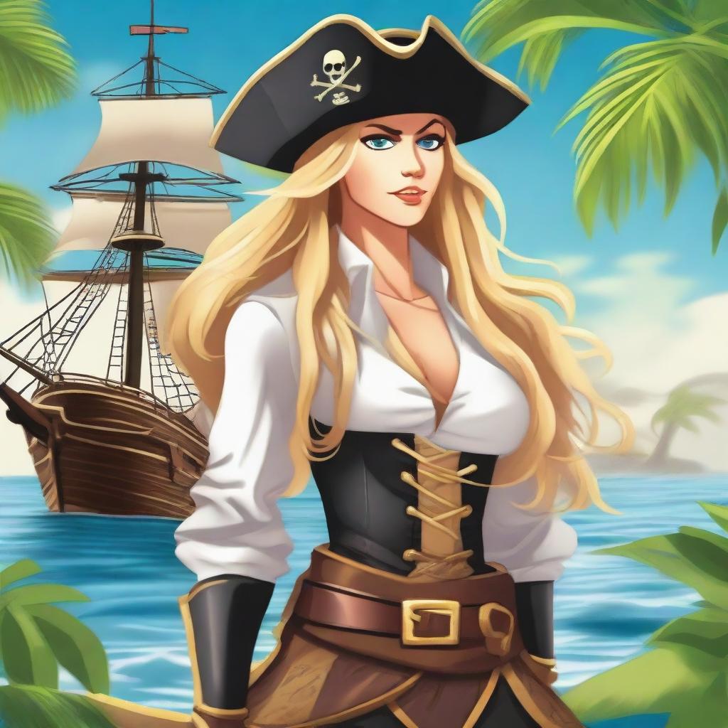 A detailed image of a female pirate with long blonde hair