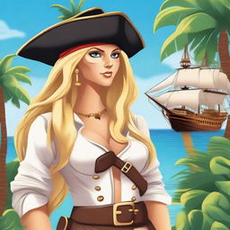 A detailed image of a female pirate with long blonde hair