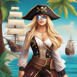 A detailed image of a female pirate with long blonde hair