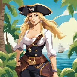 A detailed image of a female pirate with long blonde hair