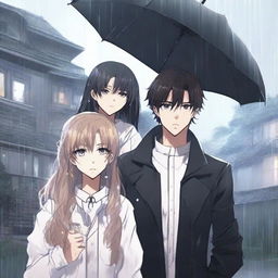 Three people standing in the rain with a luxury house in the background