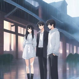 Three people standing in the rain with a luxury house in the background