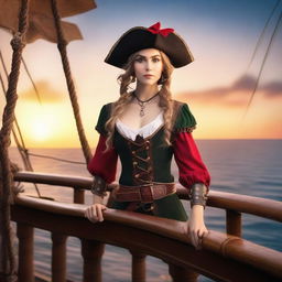 A fierce and adventurous female elf pirate standing on the deck of a pirate ship, with the sea and a sunset in the background