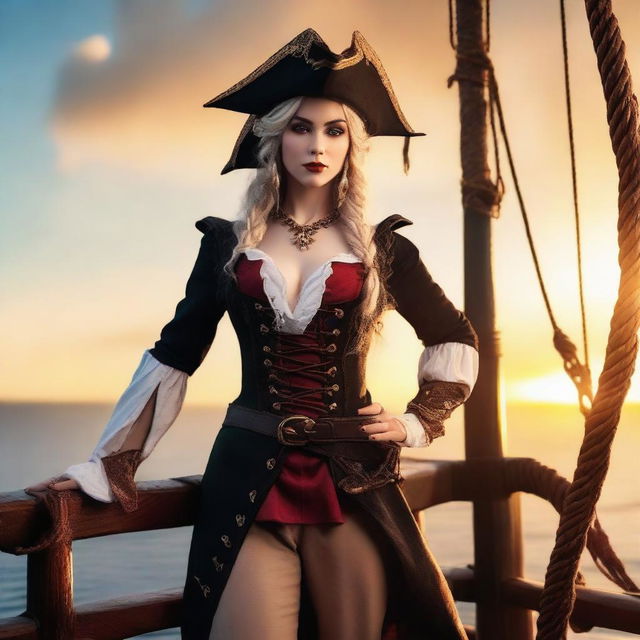 A fierce and adventurous female elf pirate standing on the deck of a pirate ship, with the sea and a sunset in the background