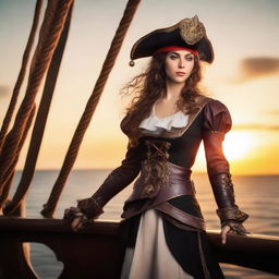 A fierce and adventurous female elf pirate standing on the deck of a pirate ship, with the sea and a sunset in the background