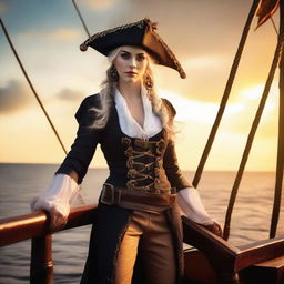 A fierce and adventurous female elf pirate standing on the deck of a pirate ship, with the sea and a sunset in the background