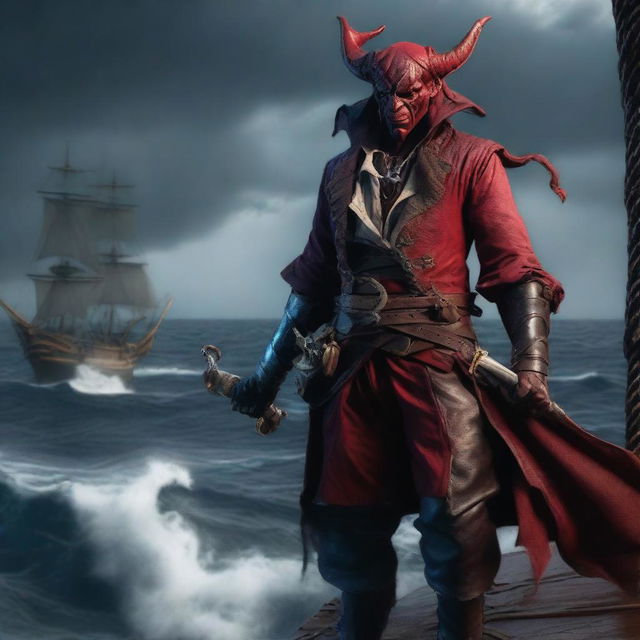 A fierce pirate tiefling standing on the deck of a ship, with a stormy sea in the background