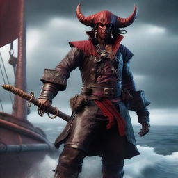 A fierce pirate tiefling standing on the deck of a ship, with a stormy sea in the background