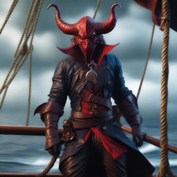 A fierce pirate tiefling standing on the deck of a ship, with a stormy sea in the background